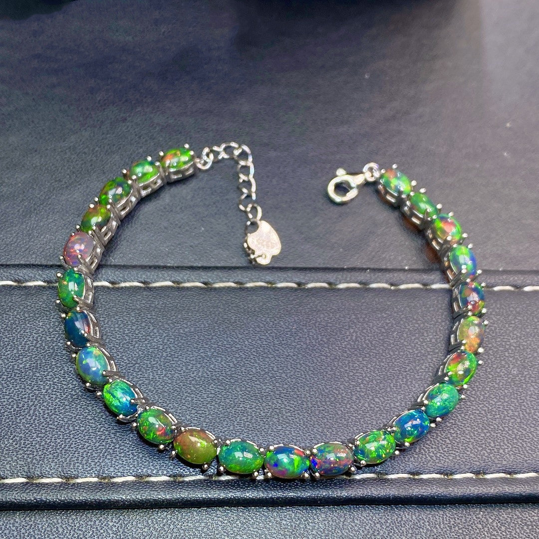 Women’s Natural Black Opal Bracelet – Multicolor Fire Opal in 925 Sterling Silver