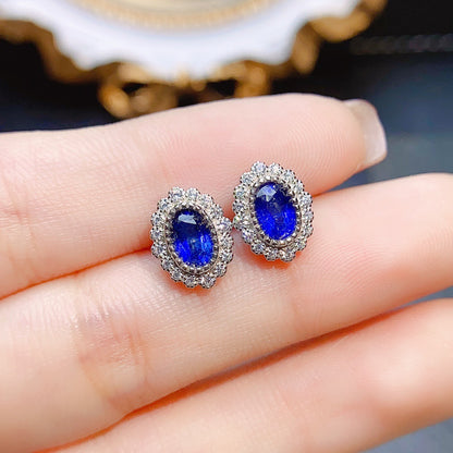 Natural Sapphire Stud Earrings | S925 Sterling Silver Inlaid Main Stone