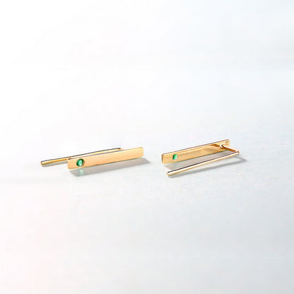 Natural Emerald 14K Gold Minimalist Bar Earrings | Thin Modern Fine Jewelry