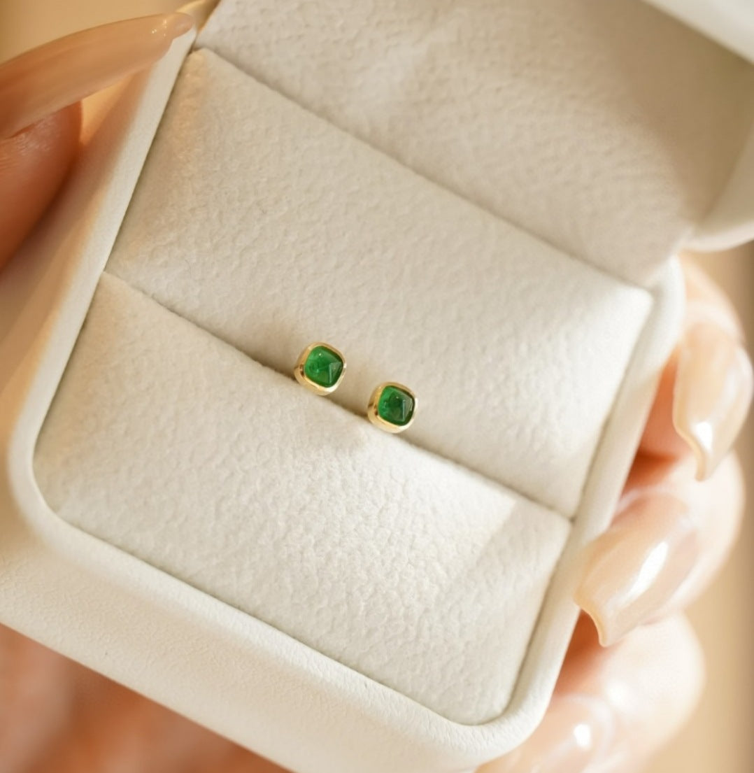 18K Gold Emerald Stud Earrings | Sugar Tower Cut Gemstone Earrings for Women