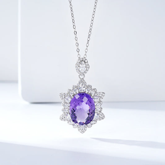 Natural Amethyst Halo Pendant Necklace | 925 Sterling Silver