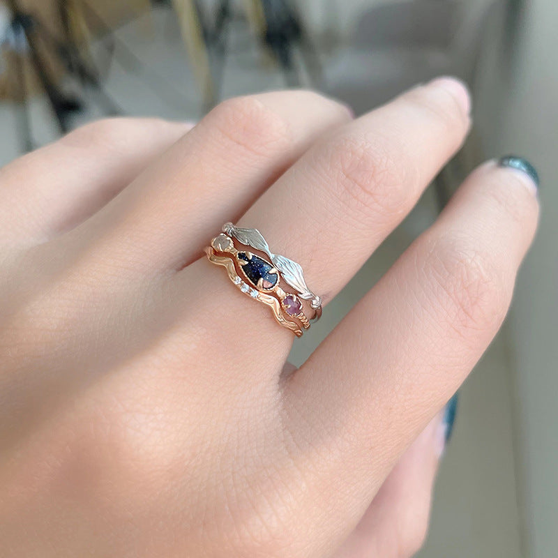 Sterling Silver Leaf Ring | Amethyst Labradorite and Zircon Stackable Ring