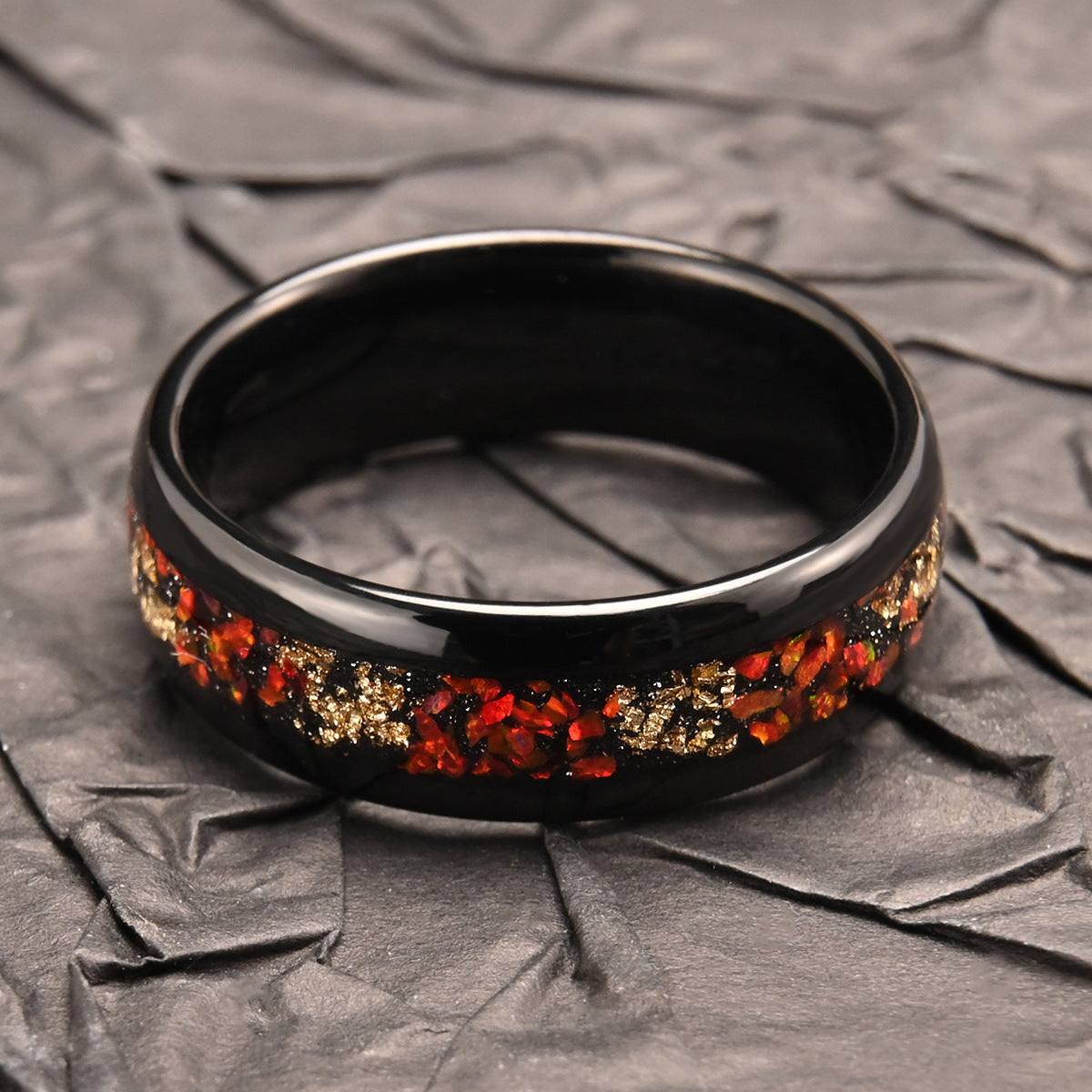 Men’s Black Tungsten Ring with Red Opal & Gold Leaf Inlay