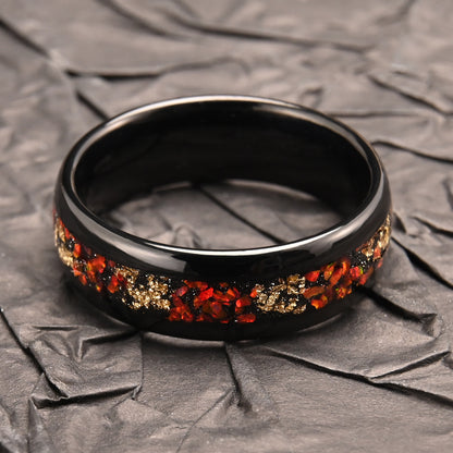 Men’s Black Tungsten Ring with Red Opal & Gold Leaf Inlay