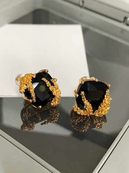 French Light Luxury Obsidian Wheat Earrings | 24K Gold-Plated Brass | Elegant Niche Jewelry