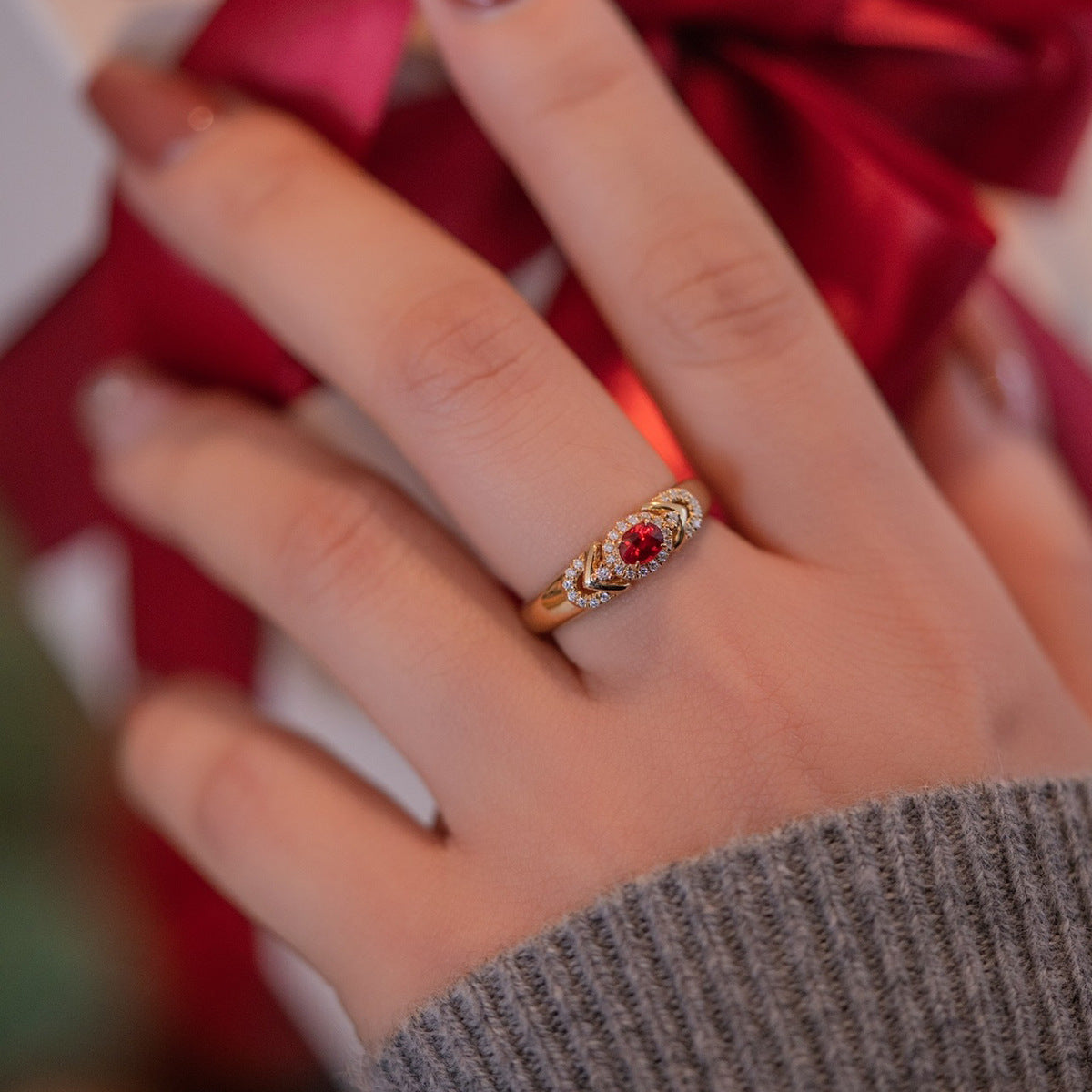 S925 Sterling Silver Gold-Plated Red Crystal Promise Ring