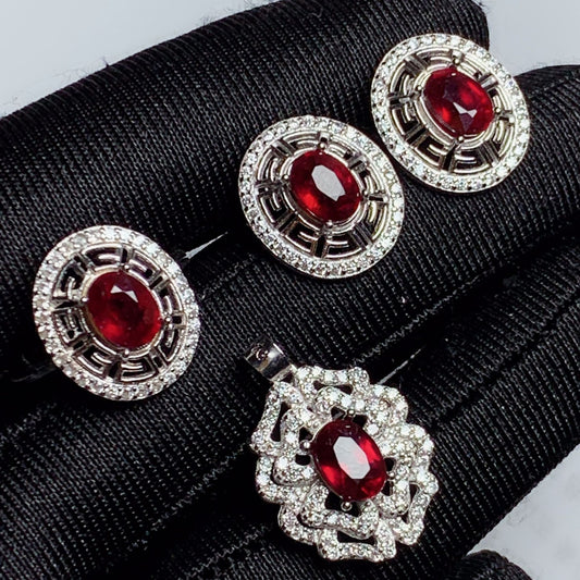 925 Sterling Silver Inlaid Ruby Jewelry Set | Elegant Gemstone Collection