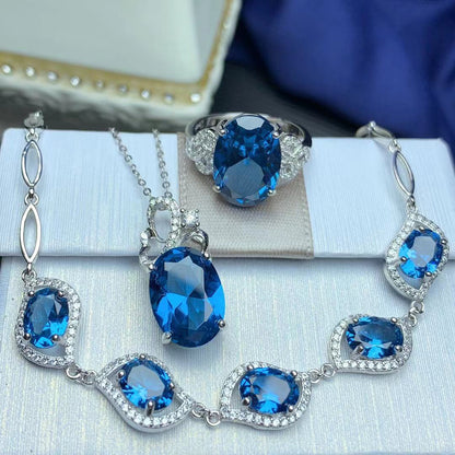 925 Sterling Silver London Blue Topaz Jewelry Set | Elegant Inlaid Design