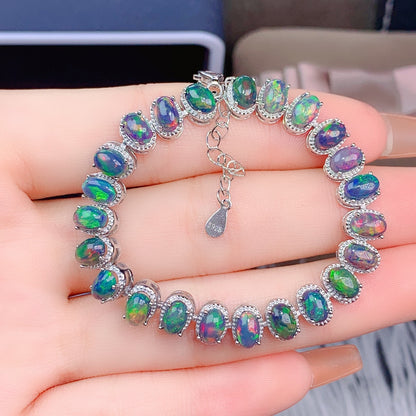 Natural Black Opal Tennis Bracelet in 925 Sterling Silver – Iridescent Fire
