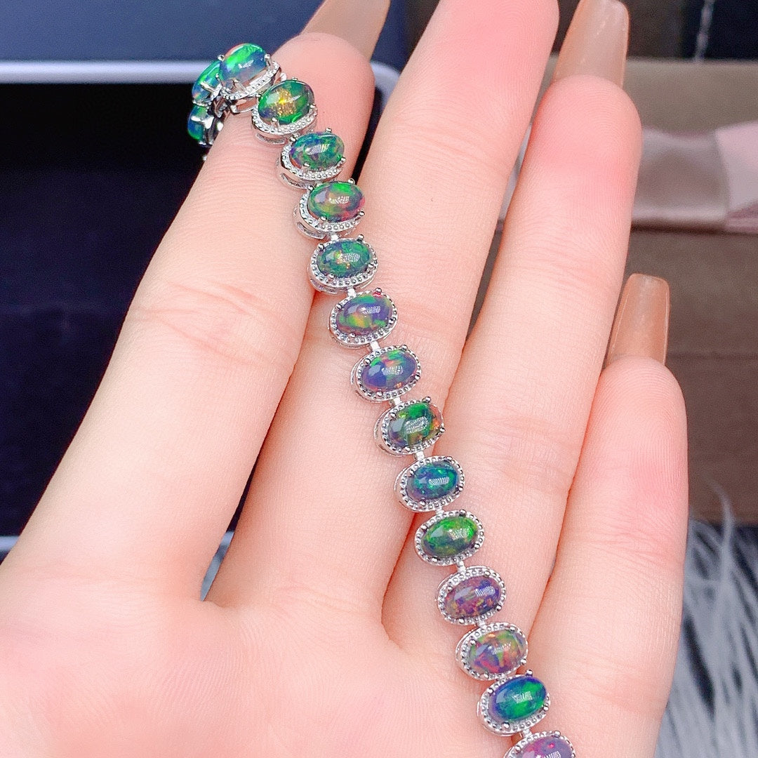 Natural Black Opal Tennis Bracelet in 925 Sterling Silver – Iridescent Fire