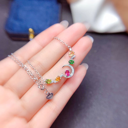 Rainbow Tourmaline Crescent Moon Necklace in 925 Sterling Silver
