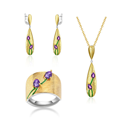 S925 Sterling Silver Wide Band Ring with Amethyst Accent