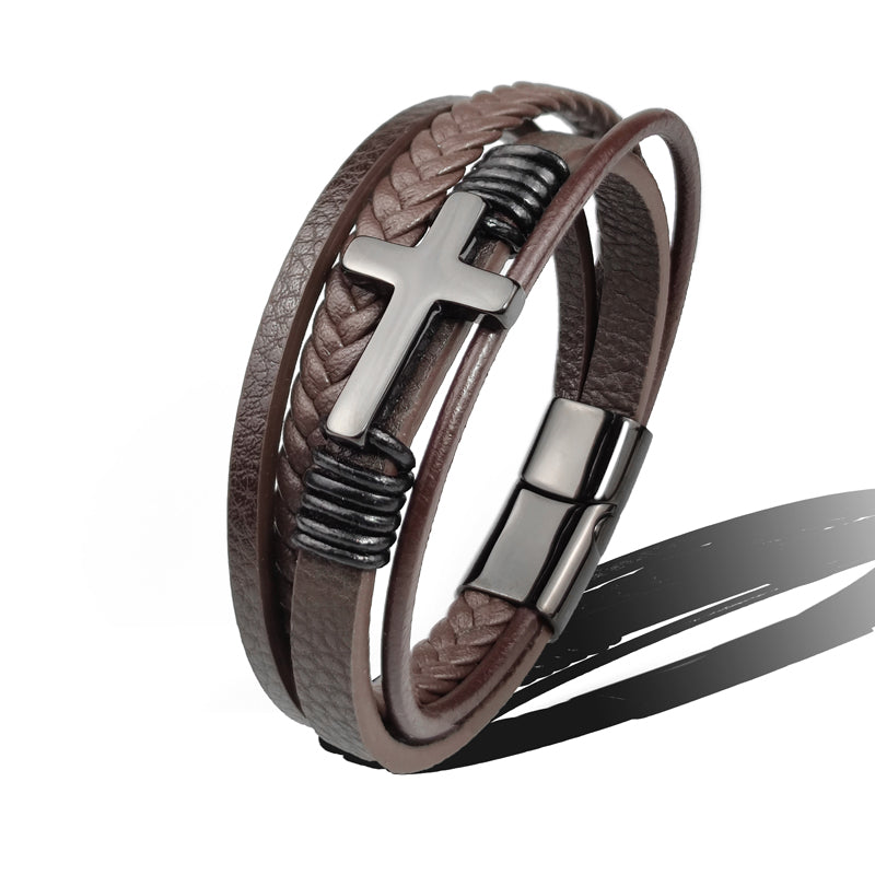Men’s Stainless Steel Cross Leather Bracelet | Brown & Black Hip-Hop Jewelry