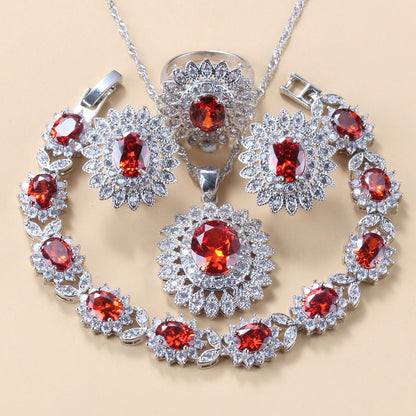 Garnet Cubic Zirconia Jewelry Set | Earrings, Necklace, Bracelet & Ring (4-Piece Gift Set)