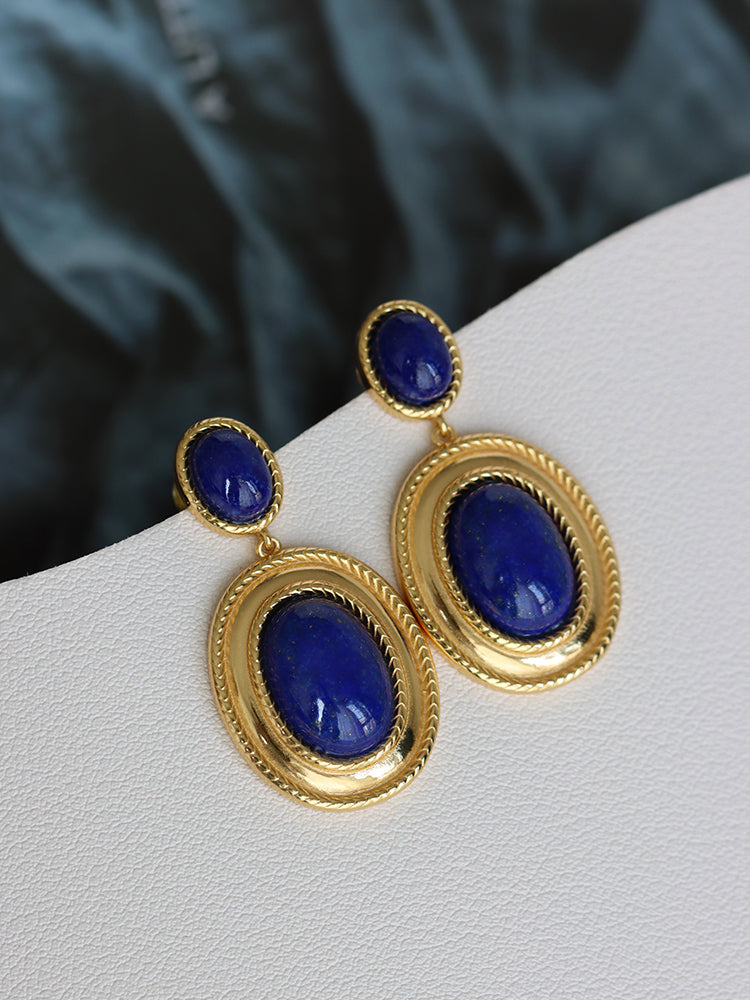Retro Hong Kong–Style Lapis Lazuli Earrings | High-End Niche Design | Natural Stone Statement Jewelry