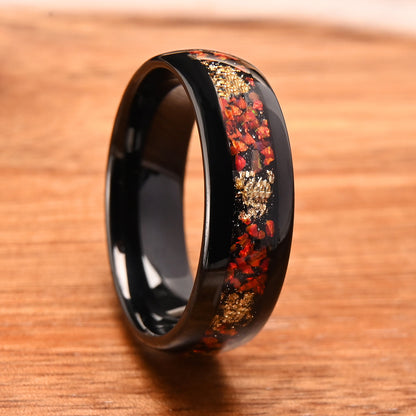 Men’s Black Tungsten Ring with Red Opal & Gold Leaf Inlay