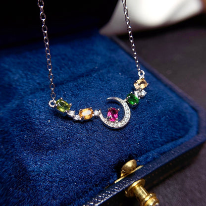 Rainbow Tourmaline Crescent Moon Necklace in 925 Sterling Silver