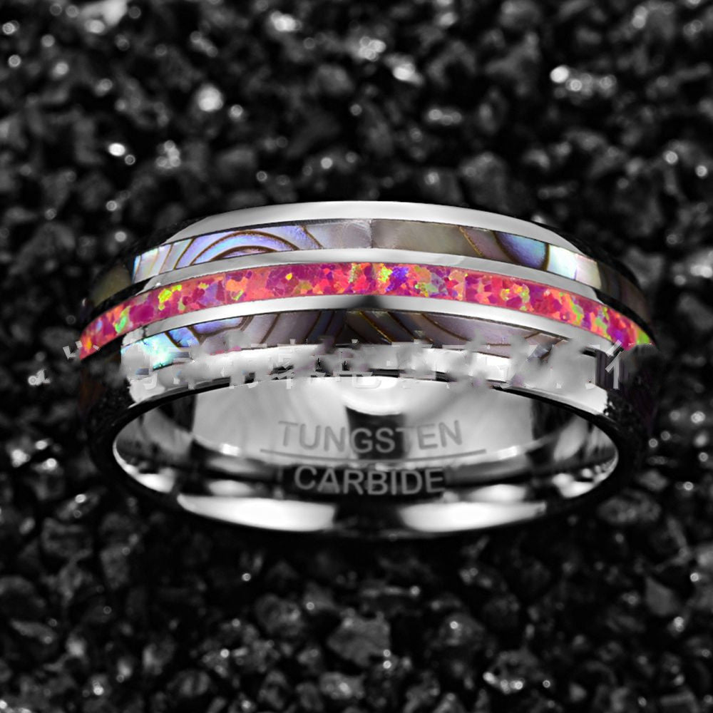Wide Dome Abalone Shell & Magenta Opal Tungsten Ring | Men’s Statement Wedding Band