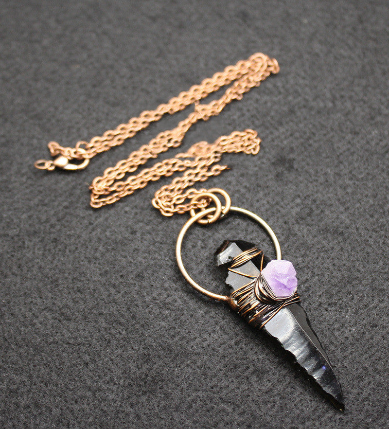 Oracle — Wire-Wrapped Obsidian & Amethyst Crystal Pendant Necklace | Heirloom Collection