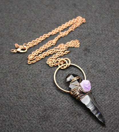 Oracle — Wire-Wrapped Obsidian & Amethyst Crystal Pendant Necklace | Heirloom Collection