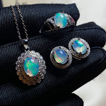 925 Sterling Silver Inlaid Opal Jewelry Set | Simple & Elegant Colored Gem Design