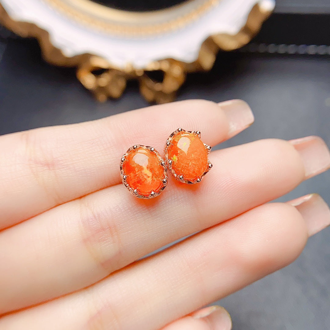 Women’s Orange Fire Opal Stud Earrings | Simple Natural Gemstone Jewelry