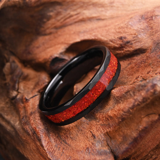 Men’s Black Tungsten Carbide Ring | Red Opal Inlay Statement Band