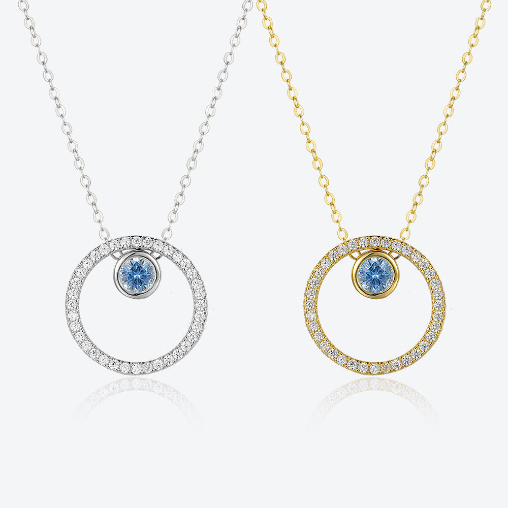 S925 Sterling Silver Circle Diamond Pendant Necklace & Blue Eye Stud Earrings Set