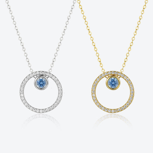 S925 Sterling Silver Circle Diamond Pendant Necklace & Blue Eye Stud Earrings Set