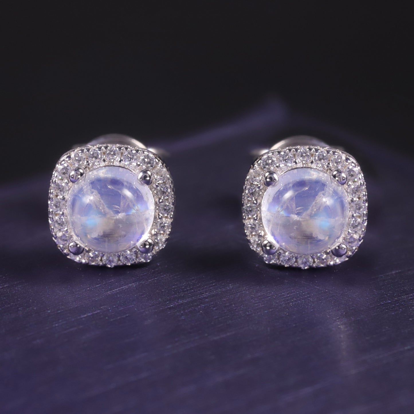 Natural Blue Moonstone Stud Earrings | S925 Sterling Silver Inlaid Gemstone