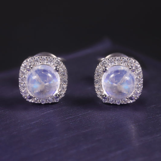 Natural Blue Moonstone Stud Earrings | S925 Sterling Silver Inlaid Gemstone