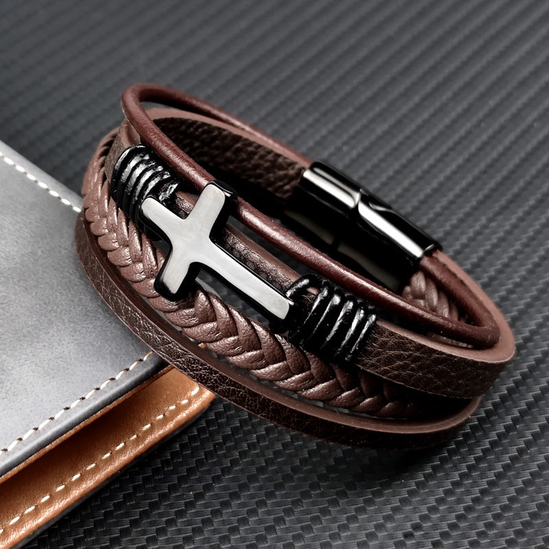 Men’s Stainless Steel Cross Leather Bracelet | Brown & Black Hip-Hop Jewelry