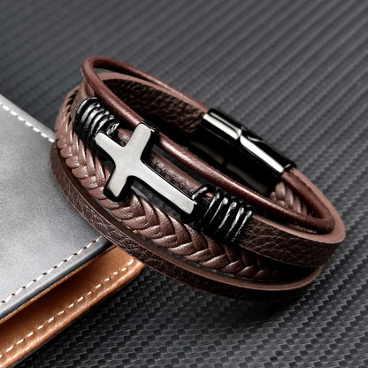 Men’s Stainless Steel Cross Leather Bracelet | Brown & Black Hip-Hop Jewelry
