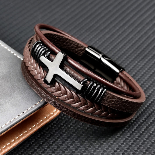 Men’s Stainless Steel Cross Leather Bracelet | Brown & Black Hip-Hop Jewelry