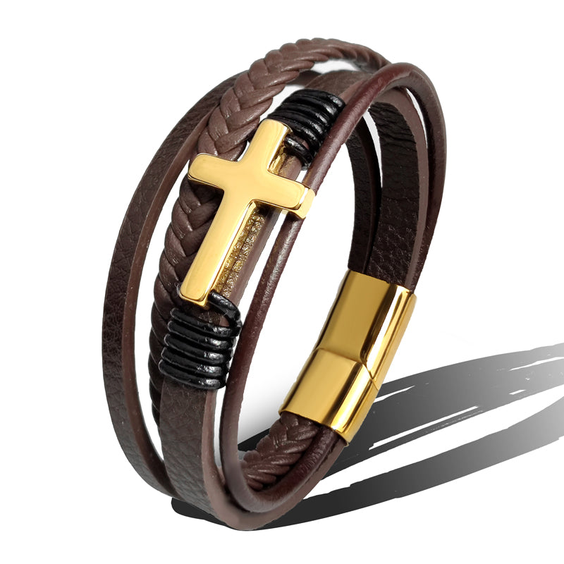 Men’s Stainless Steel Cross Leather Bracelet | Brown & Black Hip-Hop Jewelry