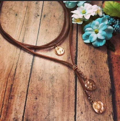 Layered Velvet Cord Lariat Necklace | Crystal Drop Pendant