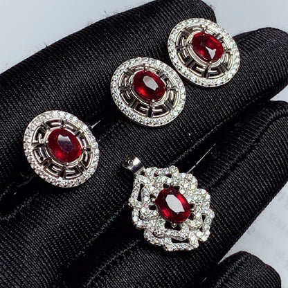 925 Sterling Silver Inlaid Ruby Jewelry Set | Elegant Gemstone Collection