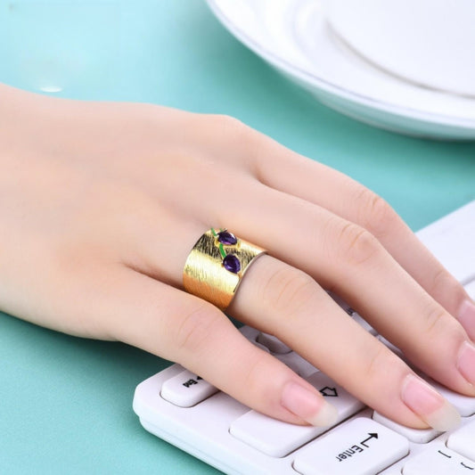 S925 Sterling Silver Wide Band Ring with Amethyst Accent