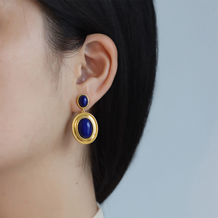 Retro Hong Kong–Style Lapis Lazuli Earrings | High-End Niche Design | Natural Stone Statement Jewelry