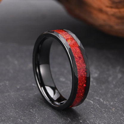 Men’s Black Tungsten Carbide Ring | Red Opal Inlay Statement Band