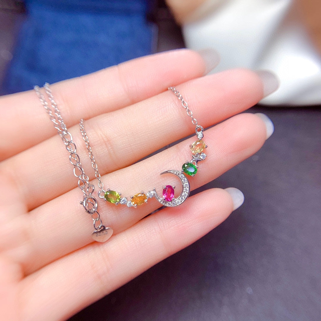 Rainbow Tourmaline Crescent Moon Necklace in 925 Sterling Silver