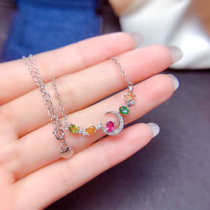 Rainbow Tourmaline Crescent Moon Necklace in 925 Sterling Silver