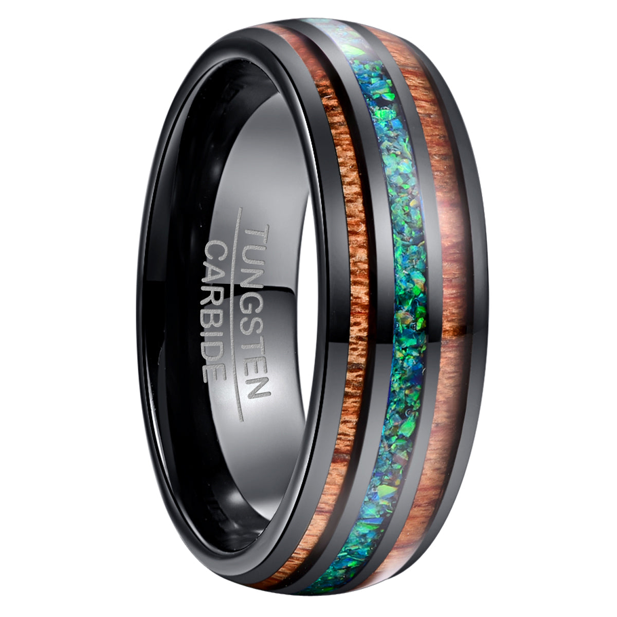 Men’s 8mm Black Tungsten Ring | Acacia Wood & Blue Opal Inlay