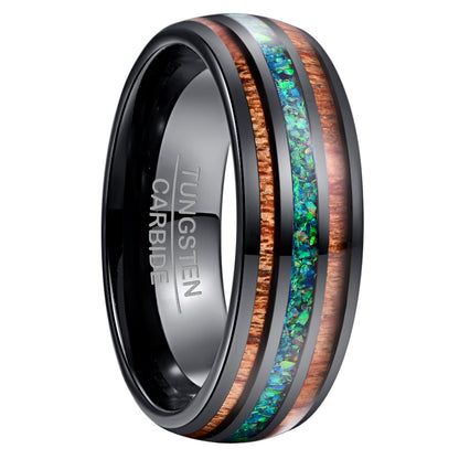 Men’s 8mm Black Tungsten Ring | Acacia Wood & Blue Opal Inlay