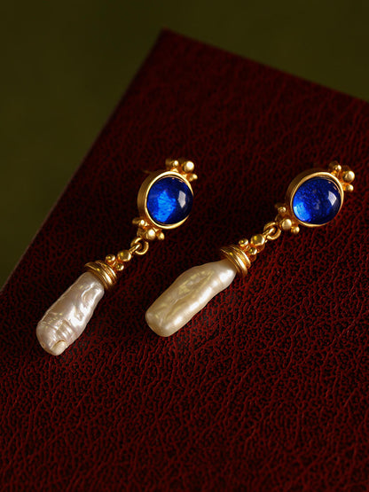 French Retro Maillard Blue  vintage earrings  Baroque pearl jewelry  European elegance  retro jewelry for women  luxury statement earrings
