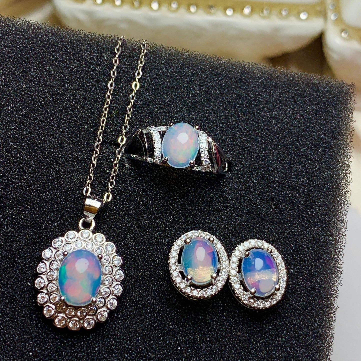 925 Sterling Silver Inlaid Opal Jewelry Set | Simple & Elegant Colored Gem Design