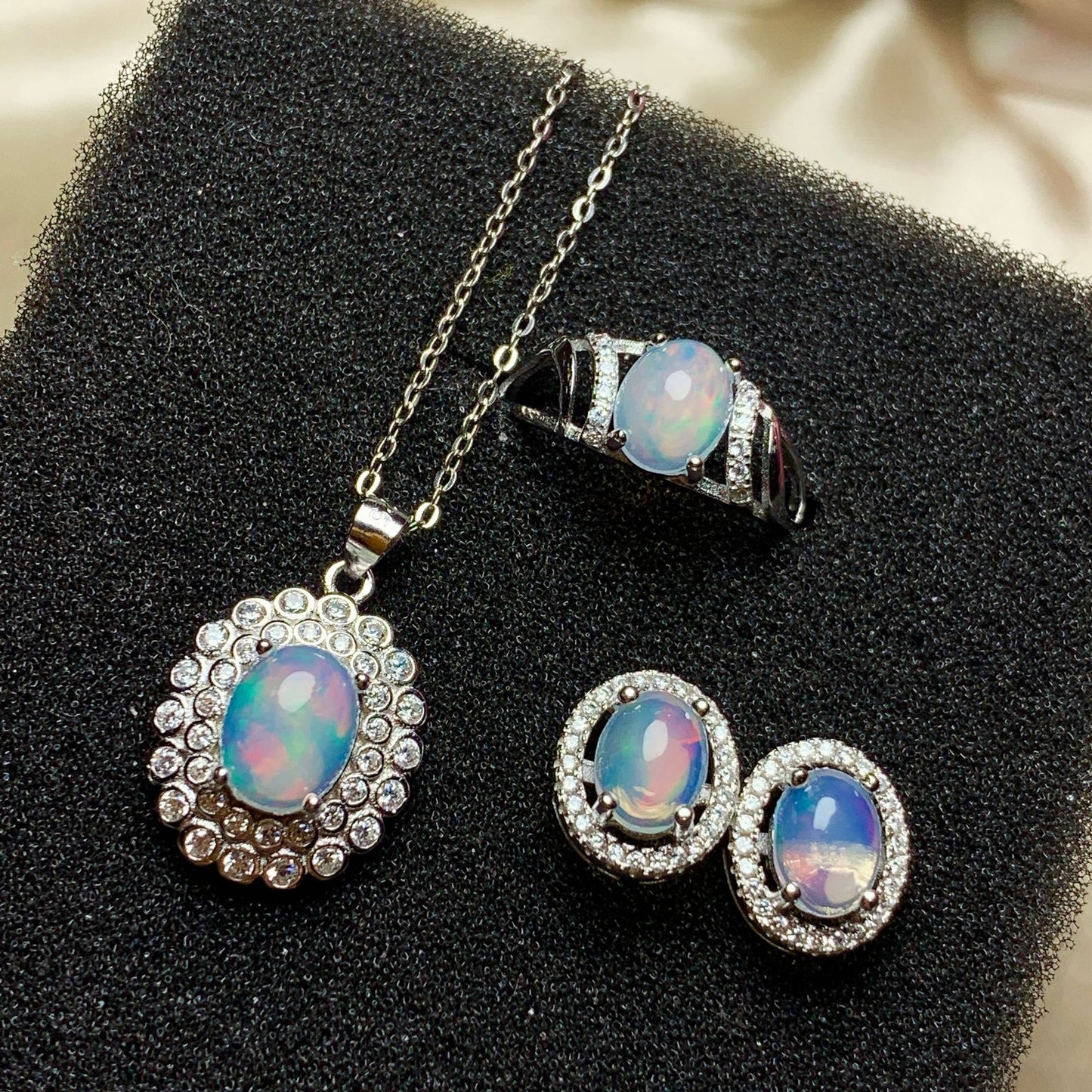 925 Sterling Silver Inlaid Opal Jewelry Set | Simple & Elegant Colored Gem Design