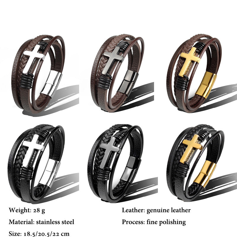 Men’s Stainless Steel Cross Leather Bracelet | Brown & Black Hip-Hop Jewelry