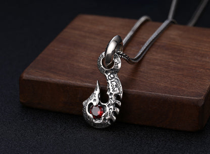 Men’s S925 Sterling Silver Hook Pendant Necklace | Blue, Red or White Gemstone Statement Jewelry