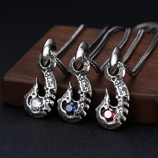 Men’s S925 Sterling Silver Hook Pendant Necklace | Blue, Red or White Gemstone Statement Jewelry